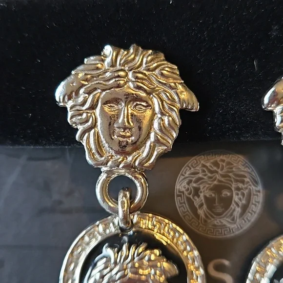 Versace Silver Black White Medusa Drop Clip Earrings Reversible